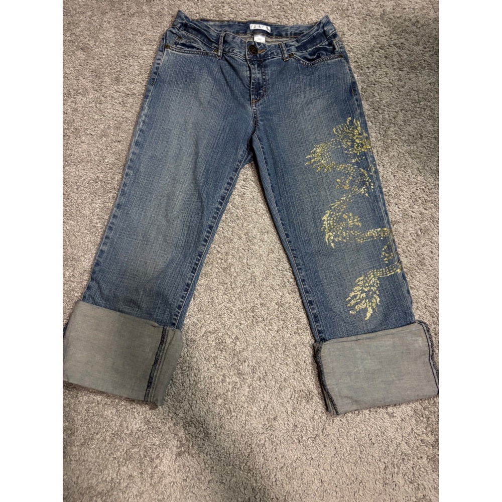 Metro 7 Womens Gold Dragon Glitter Denim Capris Indigo Blue Cuffed Jeans Size 6